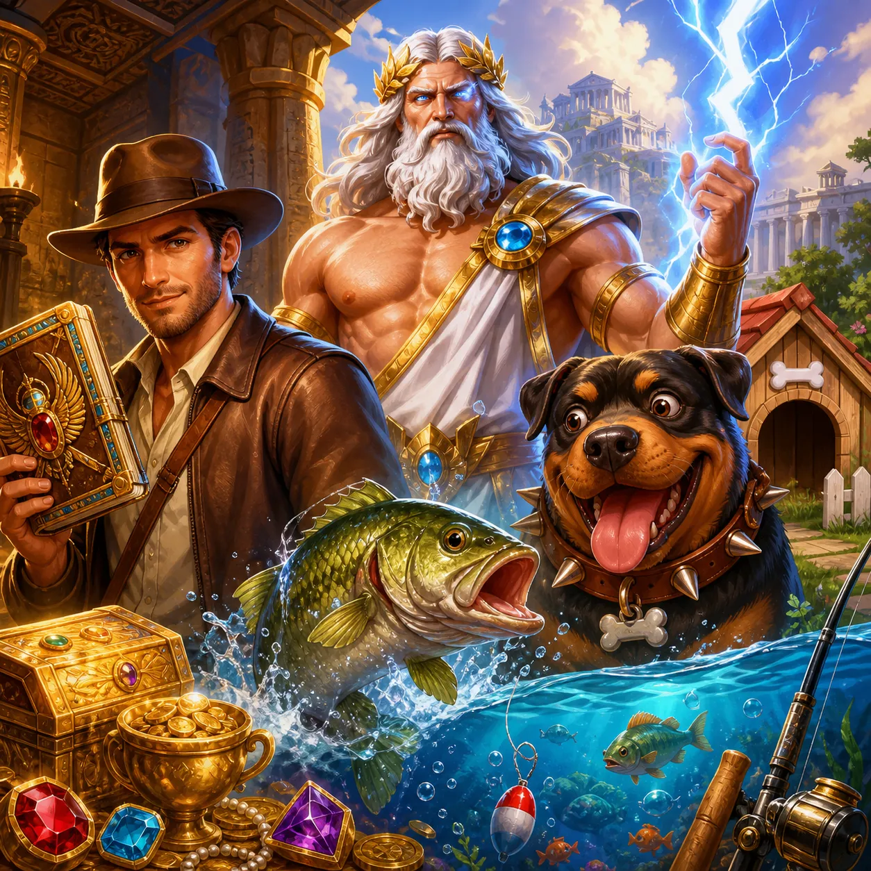Colorful fantasy casino slot artwork featuring mythological creatures and vibrant environments.