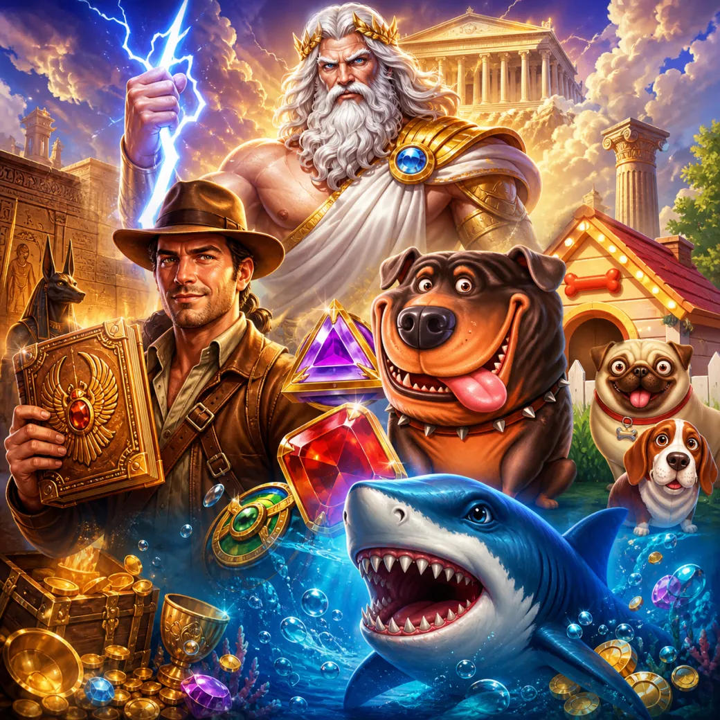 High-quality artwork of slot game characters set in vibrant themed environment
